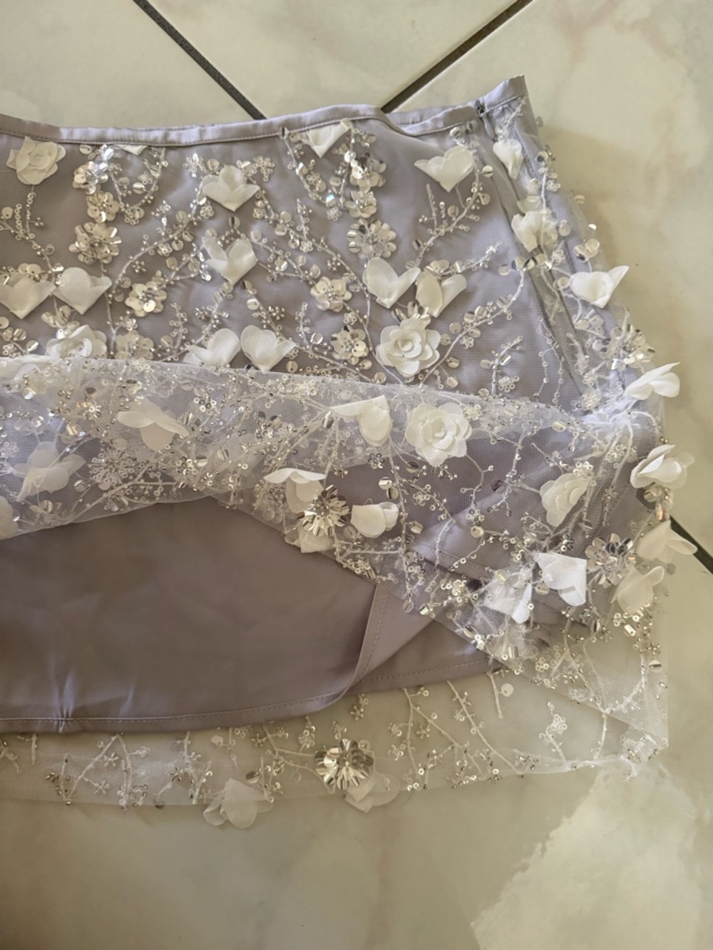 ZARA Silver Iridescent Sequined Embellished Floral Appliqué Shimmer Mini Skirt S - Picture 10 of 10